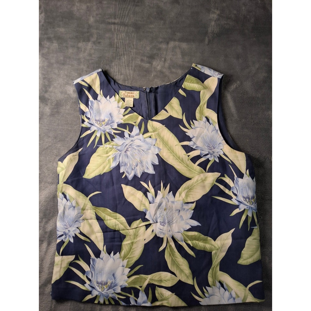 Tommy Bahama Womens Silk Sleeveless V-Neck Tropical Floral Shell Top Navy Blue L